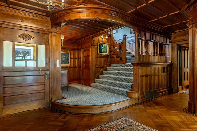 51 Ferry Bridge Rd, Washington, CT 06793 - foyer entrance with wooden walls, stairs, and wooden ceiling
