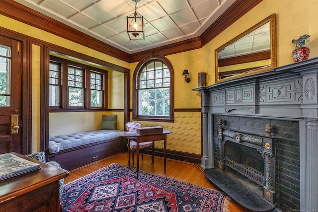 51 Ferry Bridge Rd, Washington, CT 06793 - home office featuring ornamental molding, a fireplace, and wood finished floors