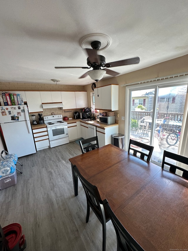 dining area featuring ceiling fan, light wood-type flooring, a textured ceiling, and sink