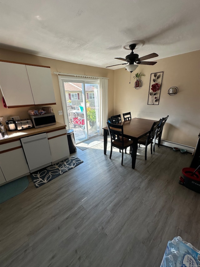 dining space with hardwood / wood-style flooring and ceiling fan