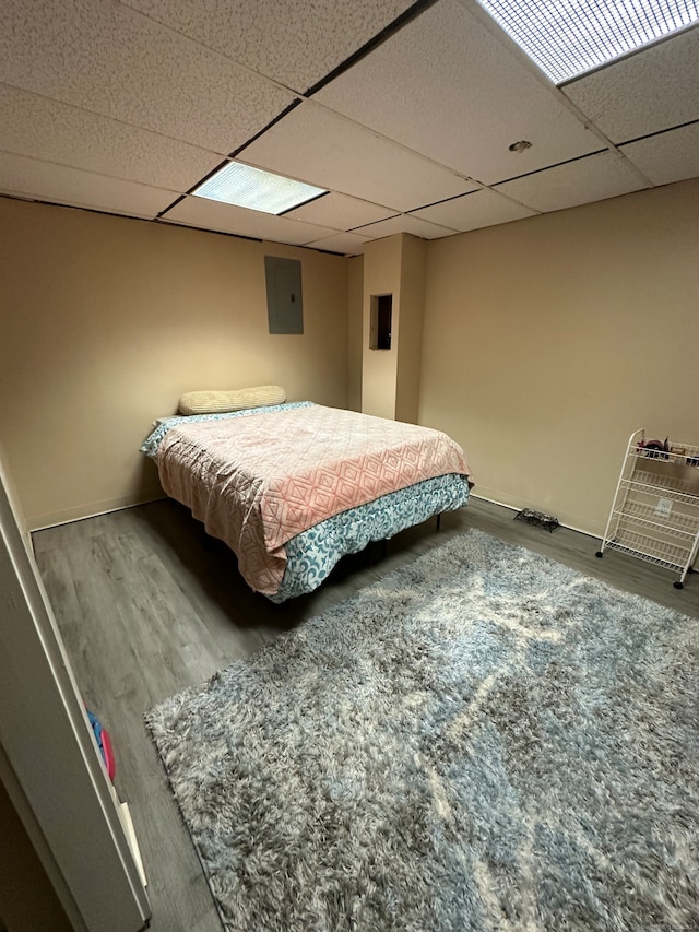 bedroom with hardwood / wood-style floors and a paneled ceiling