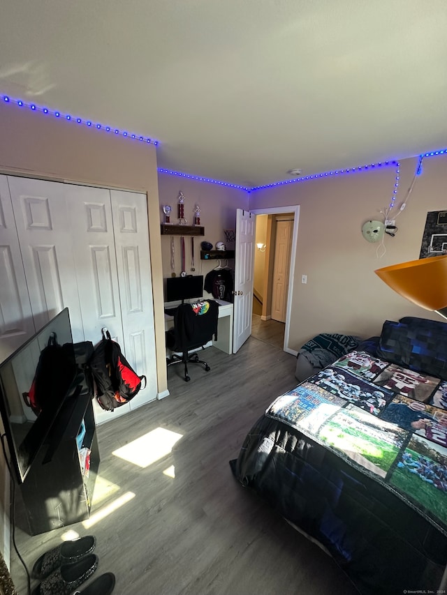 bedroom with hardwood / wood-style flooring and a closet