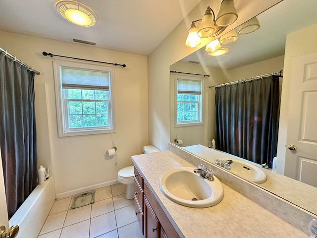 full bathroom with toilet, shower / tub combo with curtain, vanity, and tile patterned floors