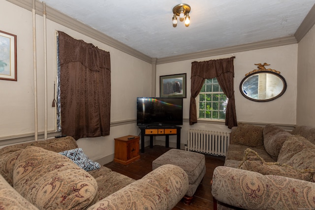 living room with radiator heating unit, ornamental molding, and dark hardwood / wood-style flooring