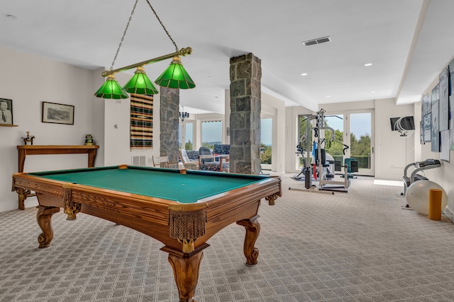 playroom featuring ornate columns, carpet floors, and pool table