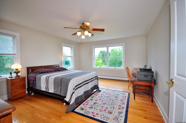 bedroom featuring a ceiling fan, light wood-type flooring, baseboards, and baseboard heating