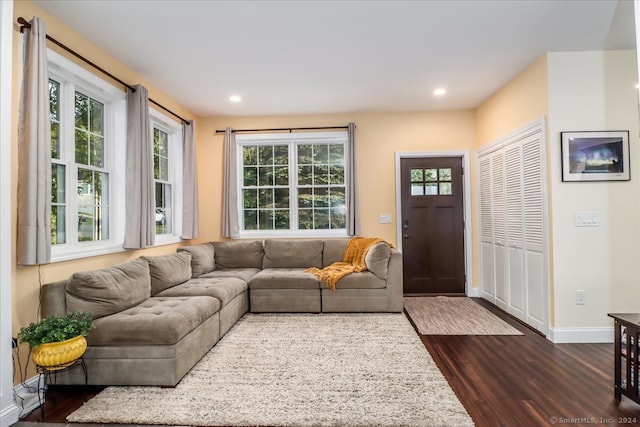 living room with plenty of natural light and dark hardwood / wood-style floors