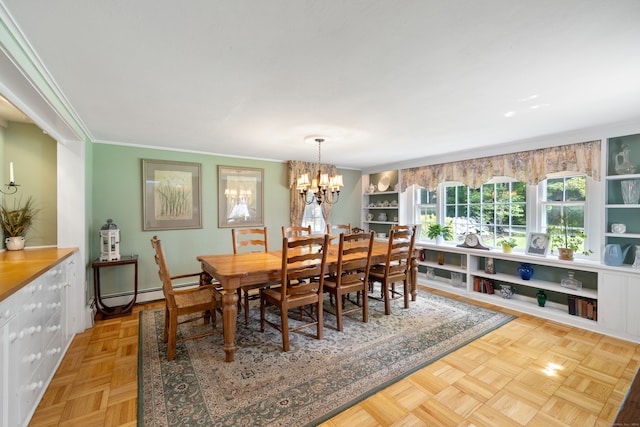 dining room featuring ornamental molding, a notable chandelier, a baseboard heating unit, and light parquet flooring