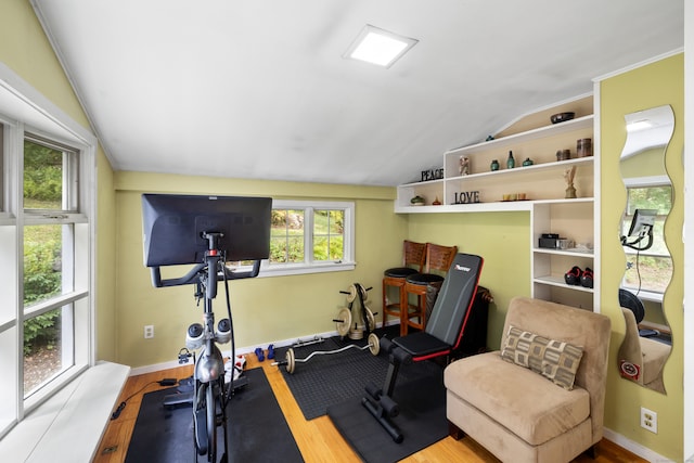 exercise area with lofted ceiling and hardwood / wood-style flooring