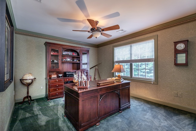 office featuring crown molding, dark colored carpet, and ceiling fan