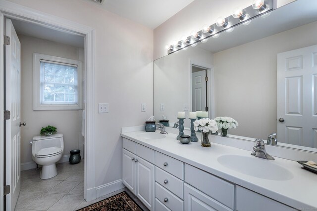 bathroom with vanity, toilet, and tile patterned flooring