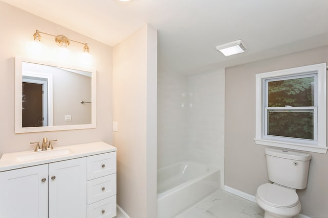 full bathroom with toilet, tub / shower combination, tile patterned flooring, and vanity