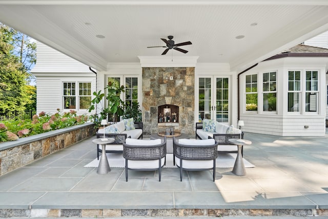 29 Sturges Commons, Westport, CT 06880 - view of patio / terrace with ceiling fan, an outdoor living space with a fireplace, and french doors