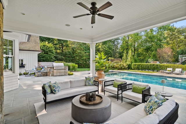 29 Sturges Commons, Westport, CT 06880 - view of patio with a fenced in pool, an outdoor hangout area, area for grilling, a ceiling fan, and exterior kitchen