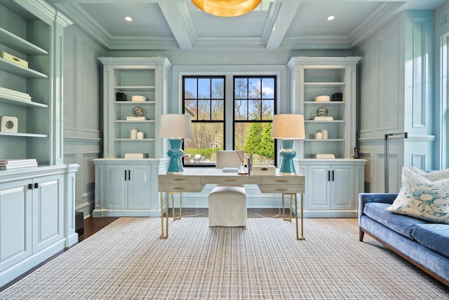 29 Sturges Commons, Westport, CT 06880 - office area featuring beam ceiling, ornamental molding, coffered ceiling, and built in features