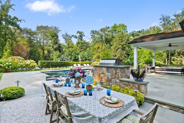 29 Sturges Commons, Westport, CT 06880 - view of patio / terrace featuring ceiling fan, a grill, exterior kitchen, outdoor dining space, and an outdoor pool