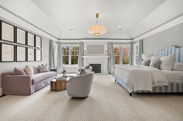 29 Sturges Commons, Westport, CT 06880 - carpeted bedroom featuring a fireplace, visible vents, ornamental molding, and lofted ceiling
