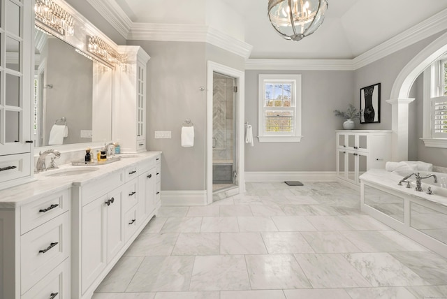 29 Sturges Commons, Westport, CT 06880 - bathroom with a stall shower, baseboards, an inviting chandelier, vanity, and marble finish floor