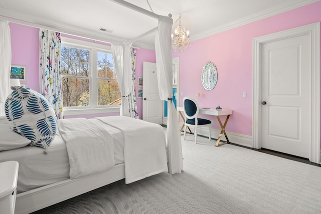 29 Sturges Commons, Westport, CT 06880 - bedroom featuring ornamental molding, a notable chandelier, visible vents, and baseboards