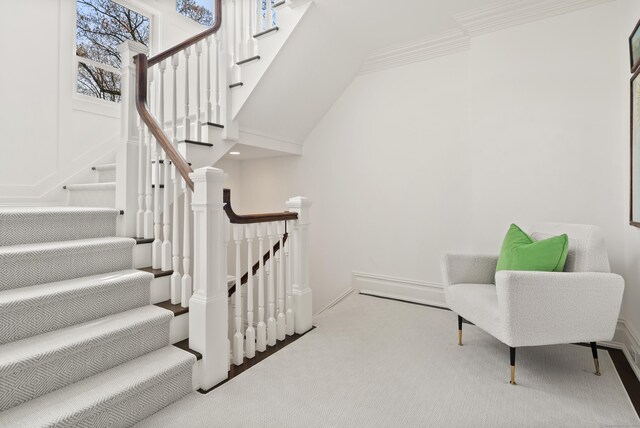 29 Sturges Commons, Westport, CT 06880 - stairs featuring baseboards, ornamental molding, and carpet floors