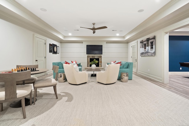 29 Sturges Commons, Westport, CT 06880 - living room with ornamental molding, a tray ceiling, ceiling fan, and a fireplace