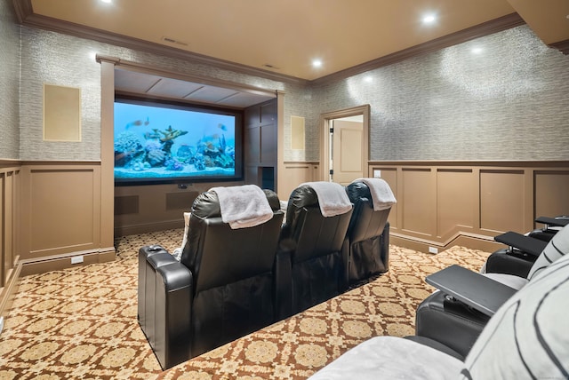 29 Sturges Commons, Westport, CT 06880 - cinema room with wainscoting, ornamental molding, light carpet, and a decorative wall