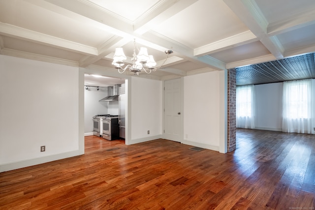 unfurnished living room with beam ceiling, coffered ceiling, crown molding, and hardwood / wood-style floors