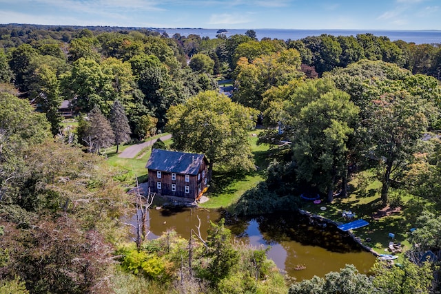 drone / aerial view with a water view