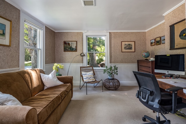 office with ornamental molding and carpet