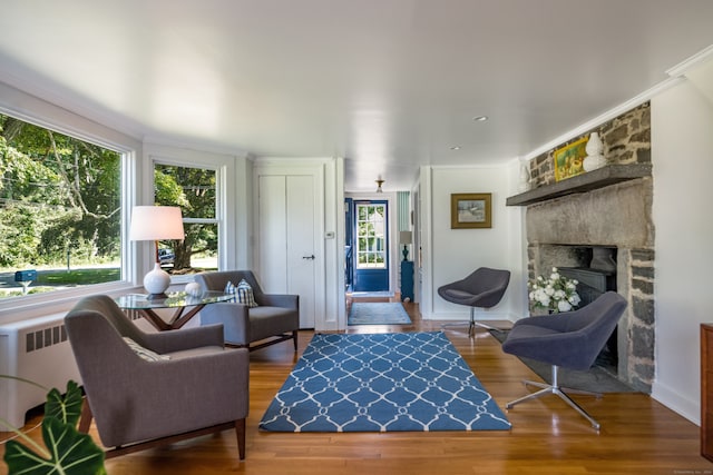 living room featuring a fireplace, crown molding, and wood-type flooring