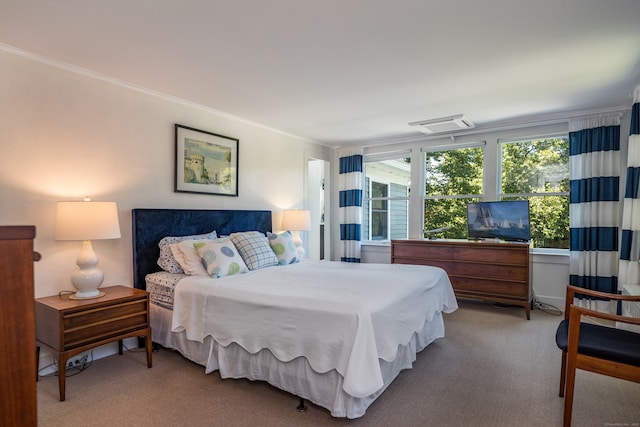 bedroom featuring crown molding and carpet floors