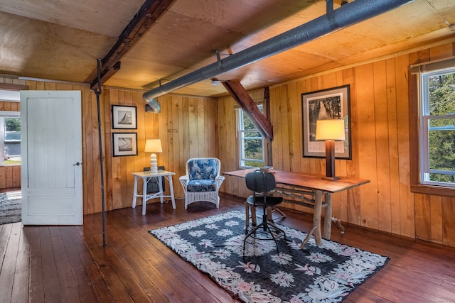 office area featuring dark wood-type flooring, wood walls, and beam ceiling