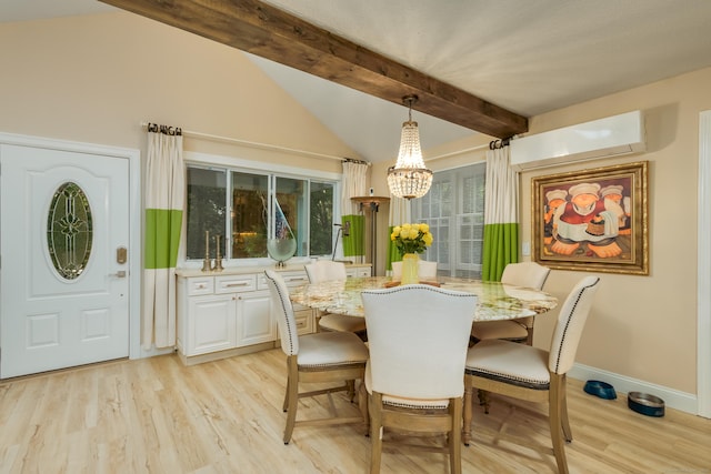 dining space with a chandelier, light wood-type flooring, a wall mounted AC, and beamed ceiling