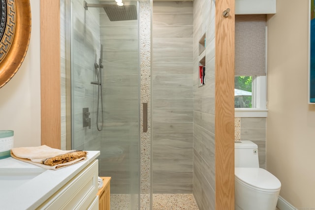 bathroom with toilet, an enclosed shower, and vanity