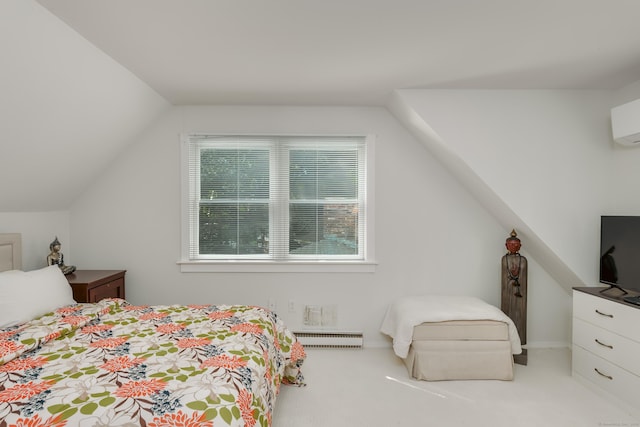 carpeted bedroom with lofted ceiling