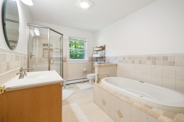 14 Stilson Ln, New Milford, CT 06776 - bathroom featuring tile walls, baseboard heating, tile patterned floors, a stall shower, and a garden tub