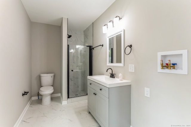 bathroom featuring tile patterned flooring, an enclosed shower, toilet, and vanity