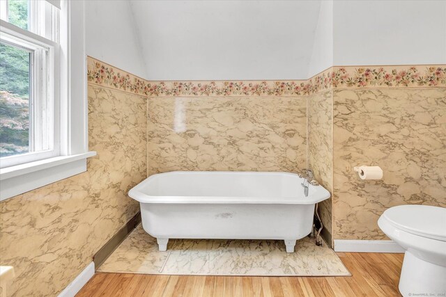 bathroom with a bathing tub, hardwood / wood-style floors, and toilet