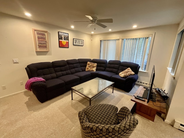 living room featuring recessed lighting, a baseboard heating unit, light carpet, baseboards, and a ceiling fan