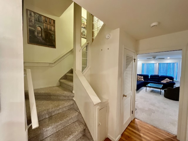 stairway with wood-type flooring and ceiling fan