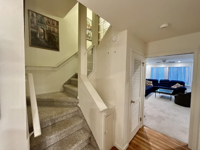 stairs with a ceiling fan, a wealth of natural light, wood finished floors, and baseboards