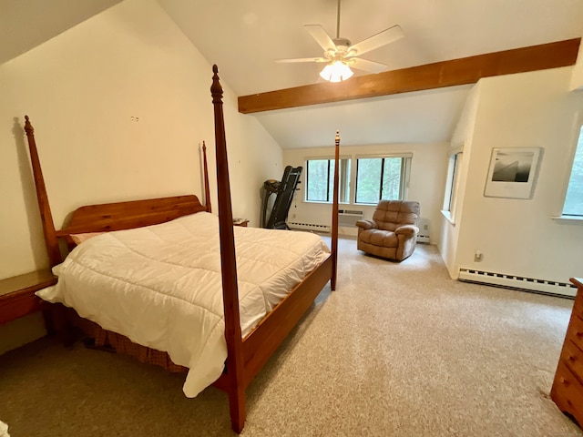 bedroom featuring lofted ceiling with beams, ceiling fan, a baseboard heating unit, and carpet