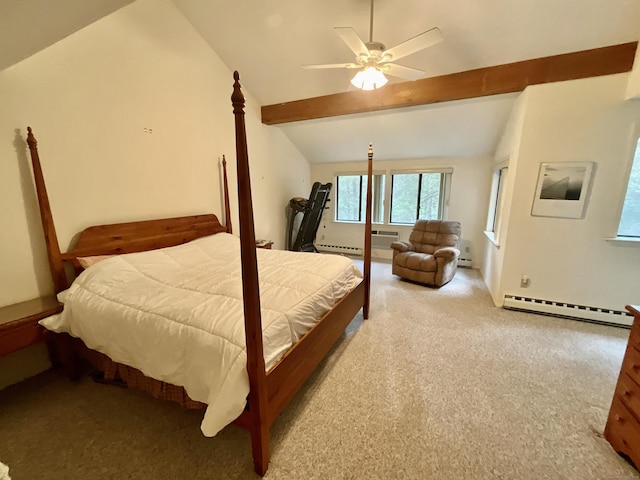 carpeted bedroom with vaulted ceiling with beams, a baseboard heating unit, and ceiling fan