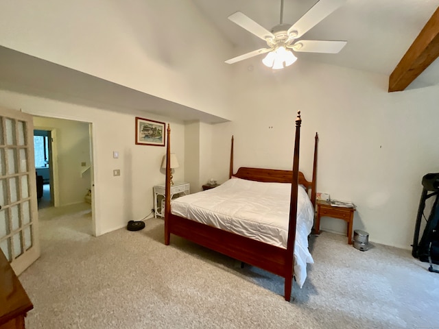 bedroom with light carpet, vaulted ceiling with beams, and ceiling fan