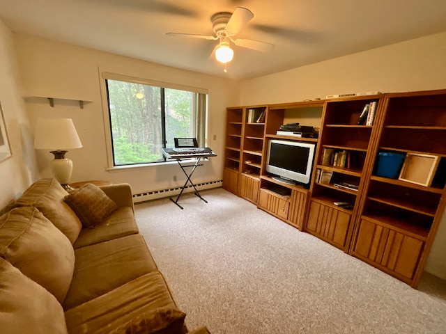 living room featuring ceiling fan, carpet floors, and baseboard heating