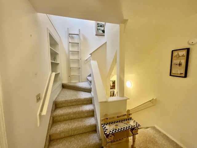 staircase with carpet floors and baseboards
