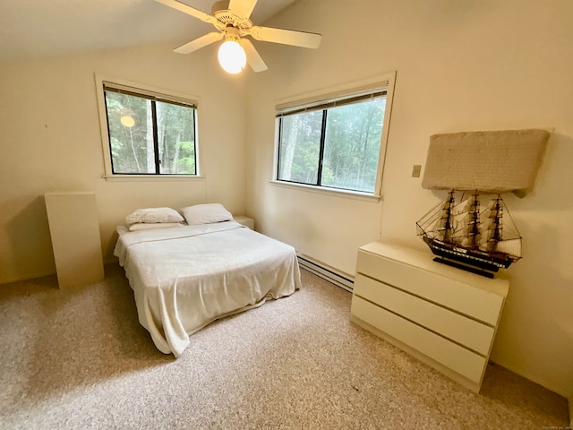 bedroom featuring multiple windows, ceiling fan, a baseboard radiator, and vaulted ceiling