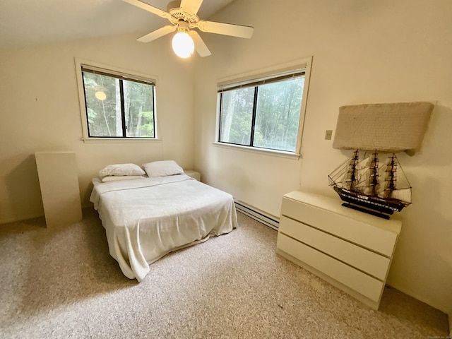 bedroom featuring a ceiling fan, baseboard heating, vaulted ceiling, and light colored carpet