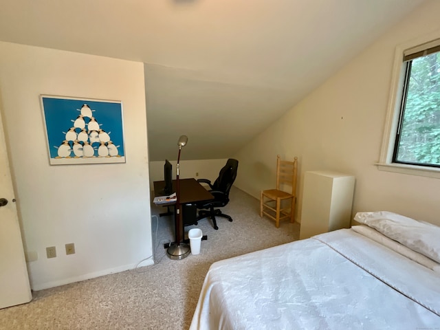 carpeted bedroom with lofted ceiling