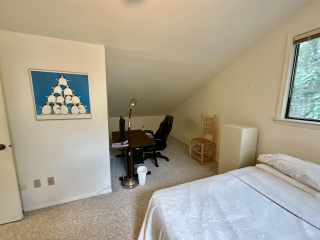 bedroom featuring vaulted ceiling and carpet